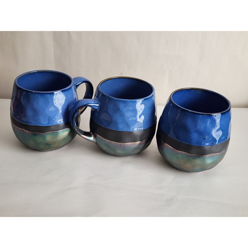 Rochelle Studio Pottery Set of 3 Blue Iridescent Glazed Mugs Handmade Artisan